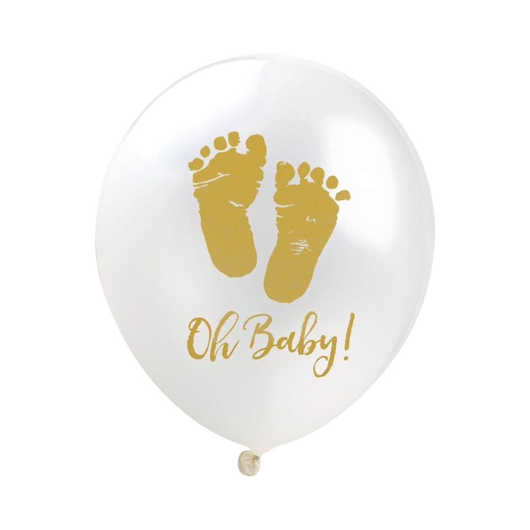 Baloane Latex Alb cu Auriu, Imprimat cu Talpi Bebe, 30 cm, Set 10 Buc