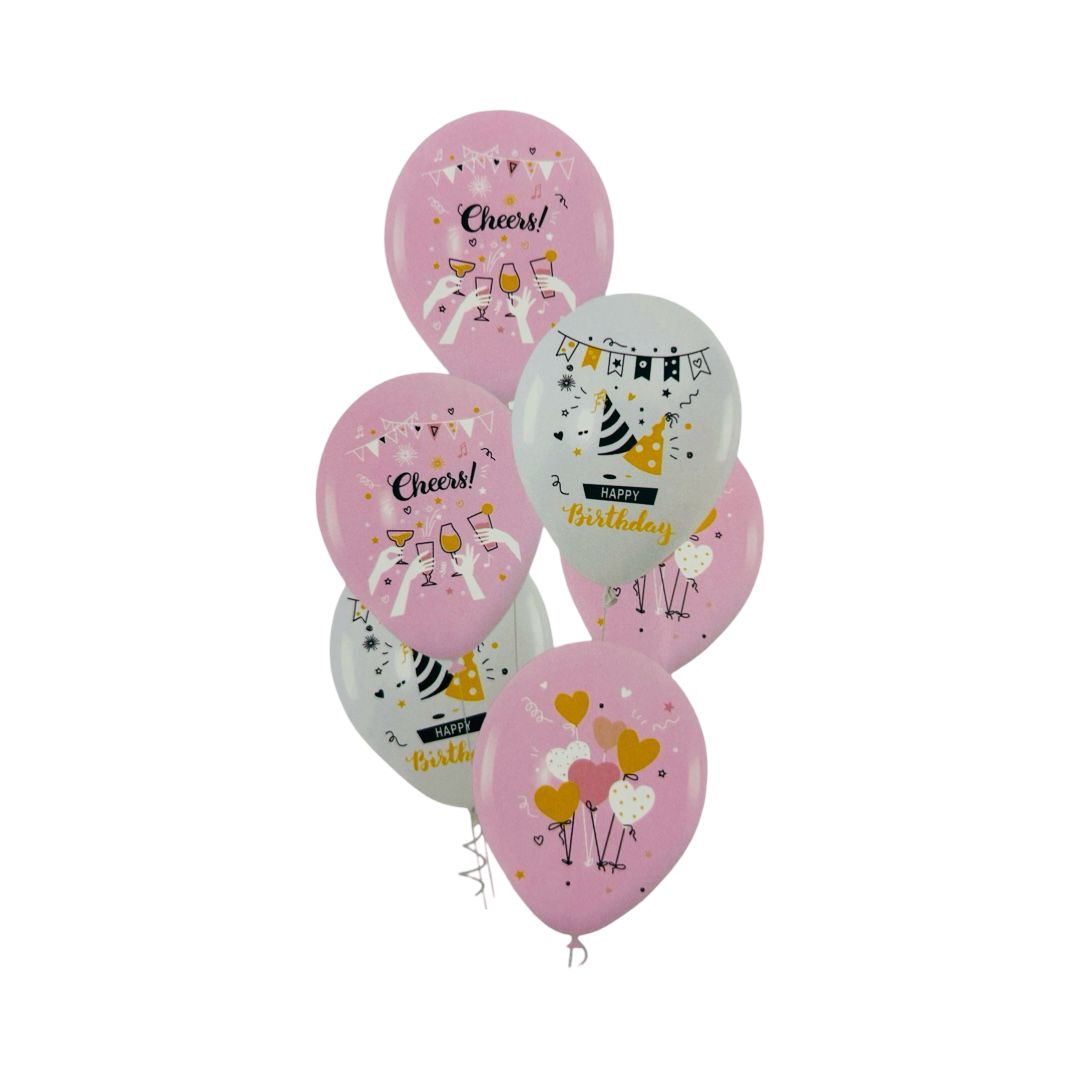 Baloane Latex "Happy Birthday", Alb si Roz, Cheers!, 30 cm - Set 6 bucati