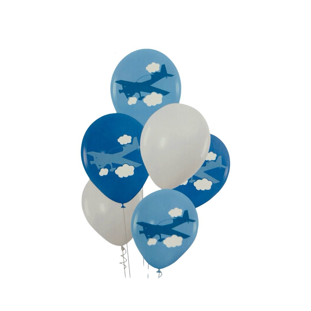 Set Party Avion, 6 buc, Baloane Latex Alb si Albastru cu Nori, 30 cm