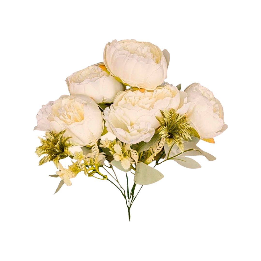 Buchet cu Bujori si Flori Ornamentale, Ivory Pastel, 10 Fire, 46 cm - nuria.store.ro