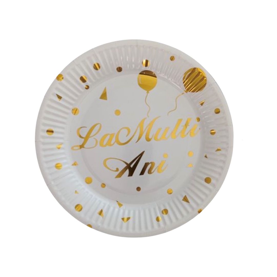 Set 8 Farfurii Carton Party “La Mulți Ani“, Auriu - Diametru 18 cm