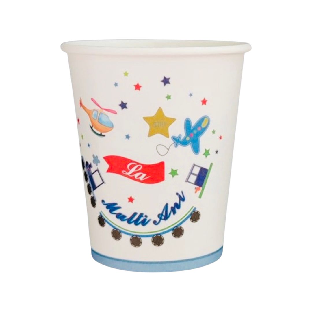 Set 8 Pahare din Carton, Trenulet si Avioane "La Multi Ani" - Diametru 8,7 cm