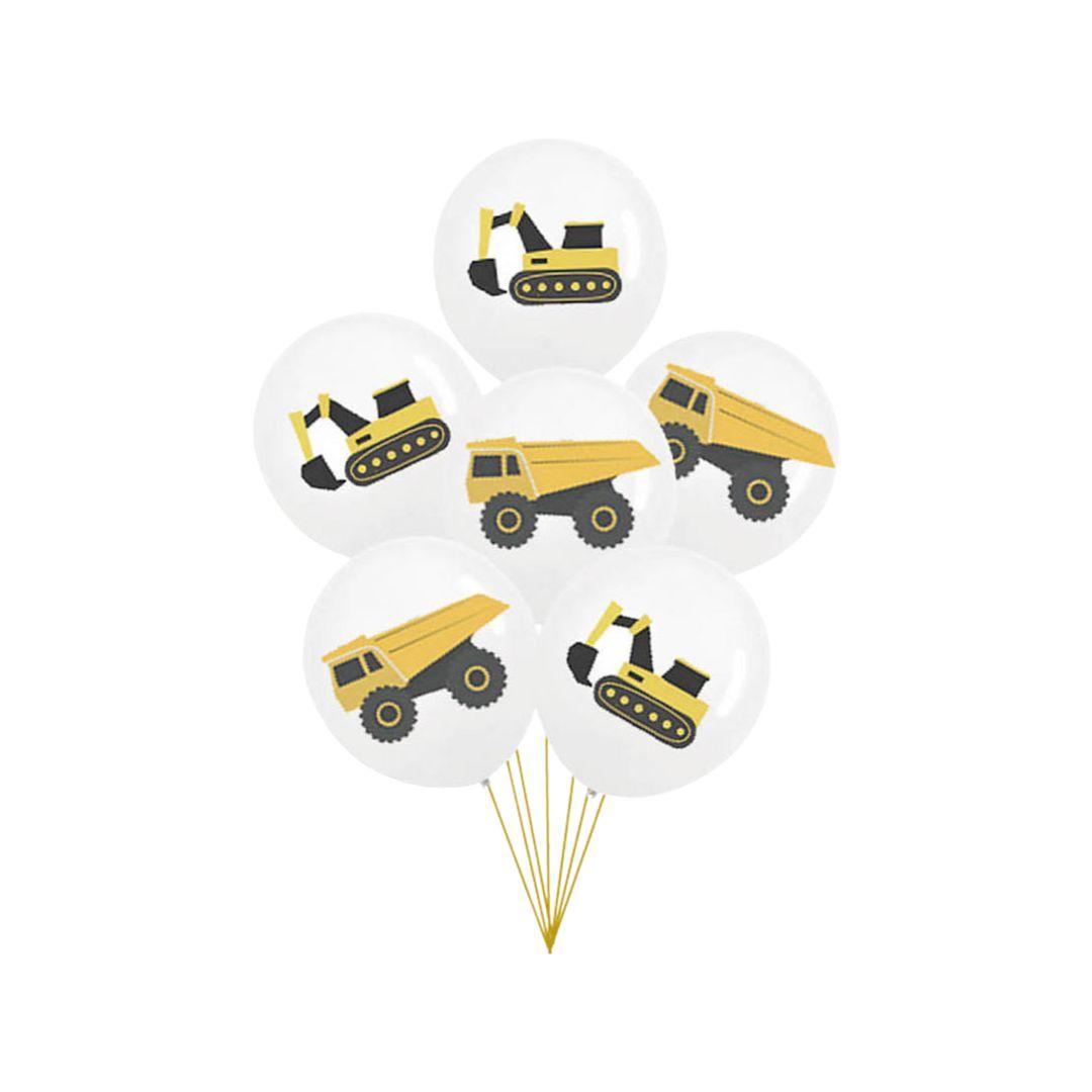 Baloane Latex Alb Imprimat cu Camion si Excavator, 30 cm - Set 6 bucati - nuria.store.ro