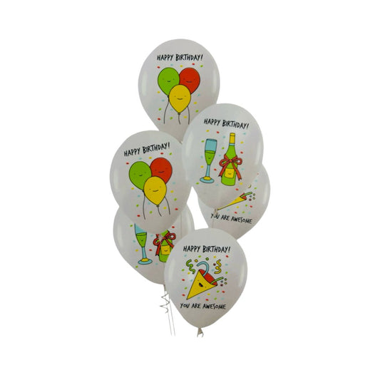 Baloane Latex "Happy Birthday", Alb cu desen Baloane Colorate, 45 cm - Set 6 bucati