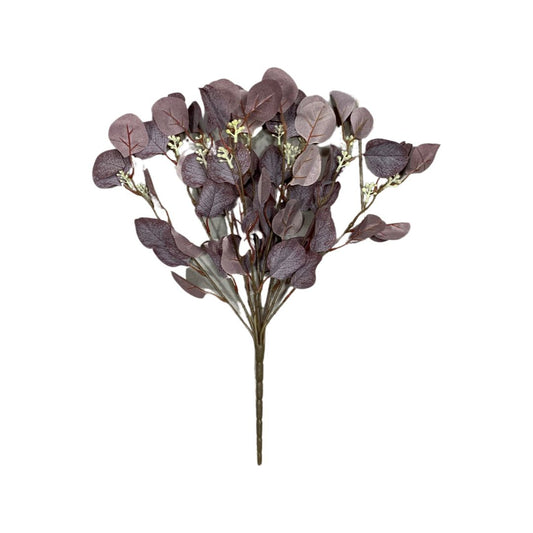 Buchet 9 Fire Eucalipt Mov cu Floricele Albe, Artificial, 50 cm - nuria.store.ro