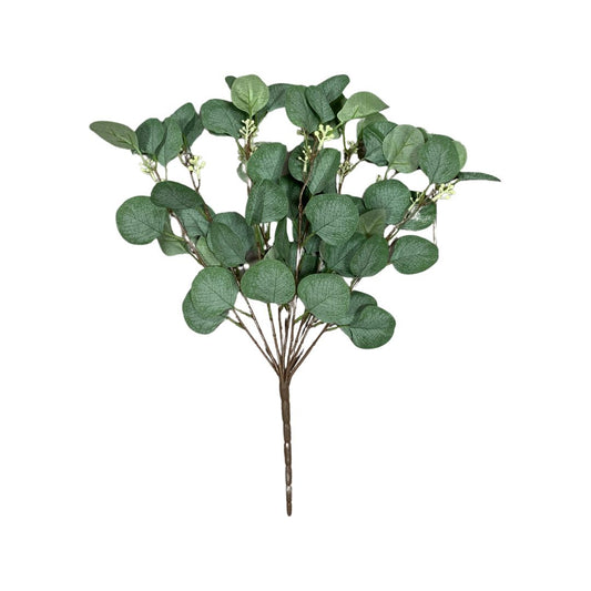 Buchet 9 Fire Eucalipt Verde cu Floricele Albe, Artificial, 50 cm - nuria.store.ro