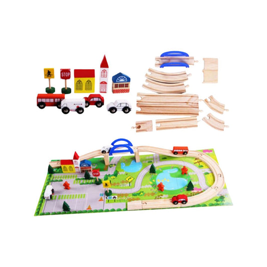 Circuit din Lemn, Puzzele cu 40 Piese - Masinute, Sine din Lemn, Peisaj, Casuta, Statie, Omuleti - nuria.store.ro