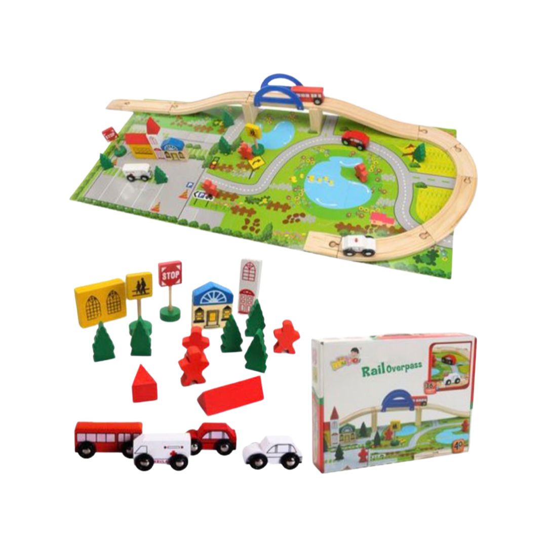 Circuit din Lemn, Puzzele cu 40 Piese - Masinute, Sine din Lemn, Peisaj, Casuta, Statie, Omuleti - nuria.store.ro