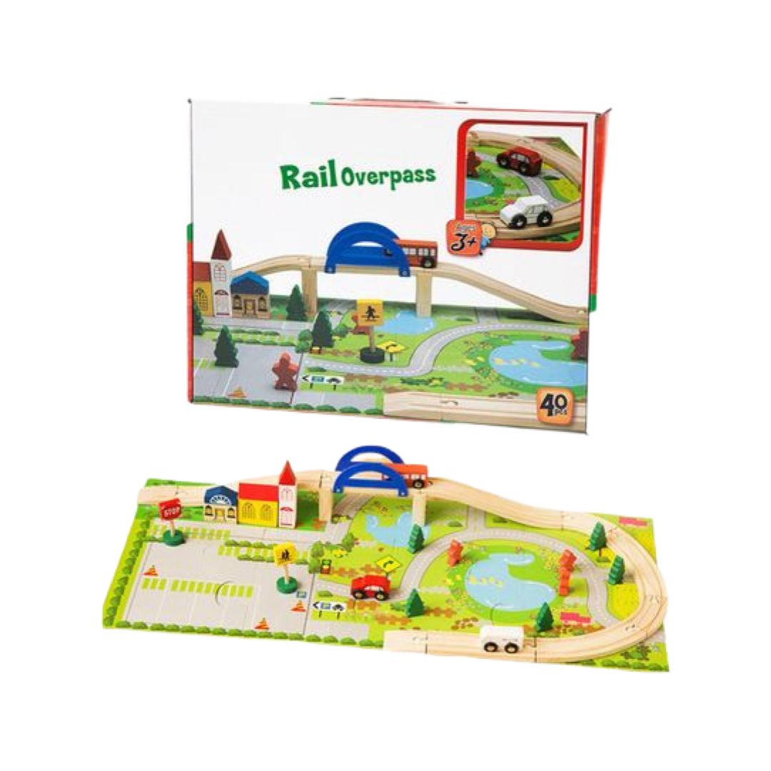 Circuit din Lemn, Puzzele cu 40 Piese - Masinute, Sine din Lemn, Peisaj, Casuta, Statie, Omuleti - nuria.store.ro