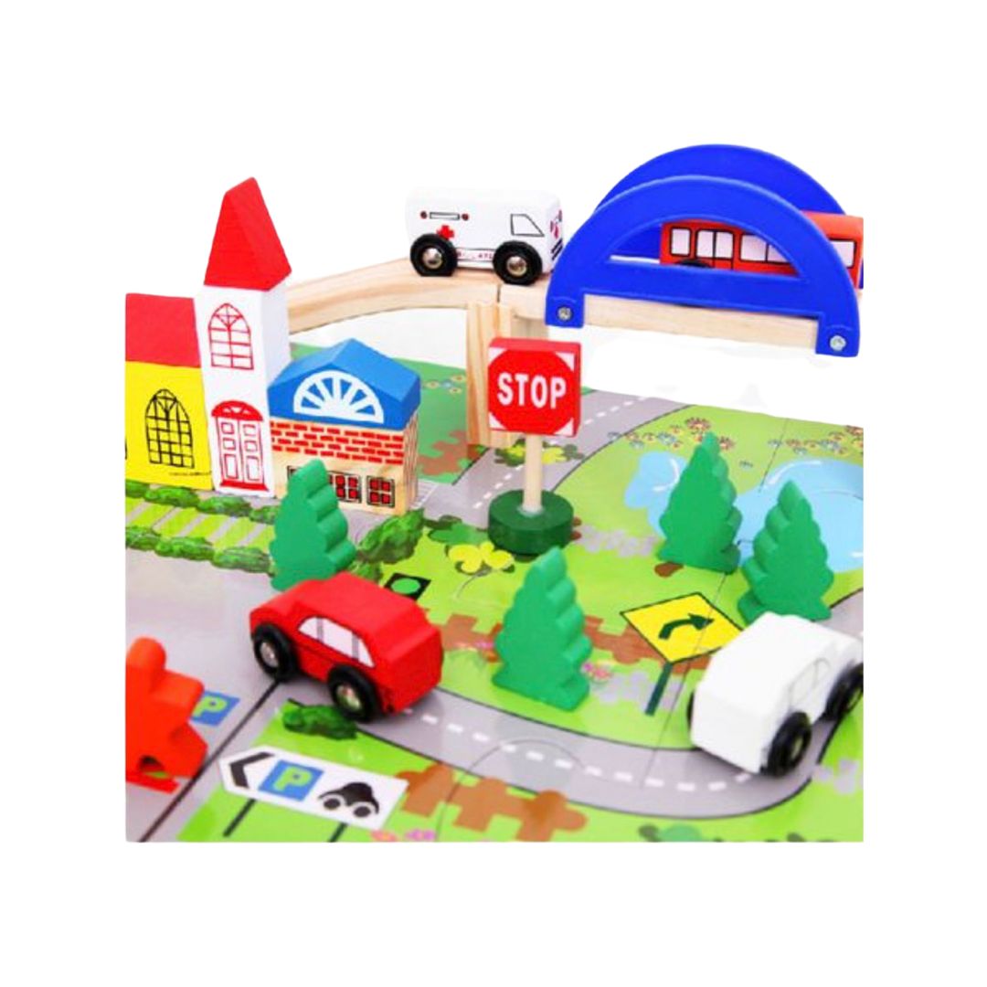 Circuit din Lemn, Puzzele cu 40 Piese - Masinute, Sine din Lemn, Peisaj, Casuta, Statie, Omuleti - nuria.store.ro