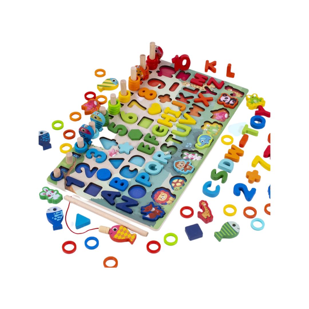Joc Educativ din Lemn, tip Montessori cu Sortator Aritmetic si 6 Activitati - nuria.store.ro