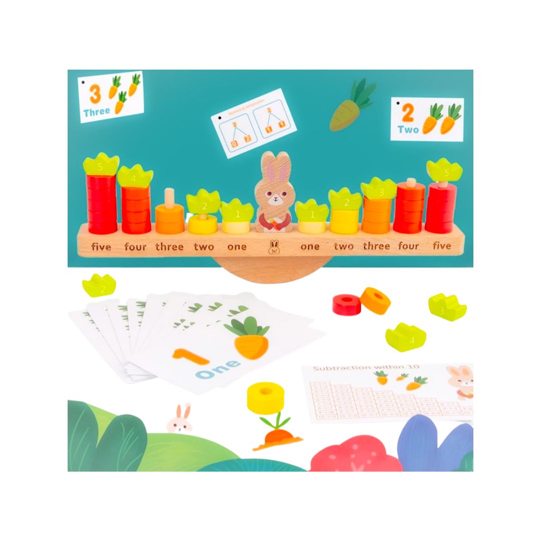Joc Educativ din Lemn tip Montessori, Balanta cu Iepuras si Morcovi - nuria.store.ro