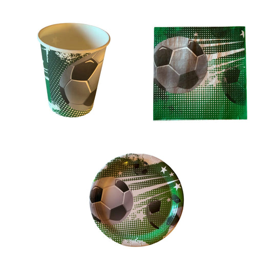 Set Petrecere 44 Piese cu Minge Fotbal - Verde - Nuria Store - 12 Farfurii 23cm, 12 Pahare 250ml ,16 Servețele 33*33cm - nuria.store.ro