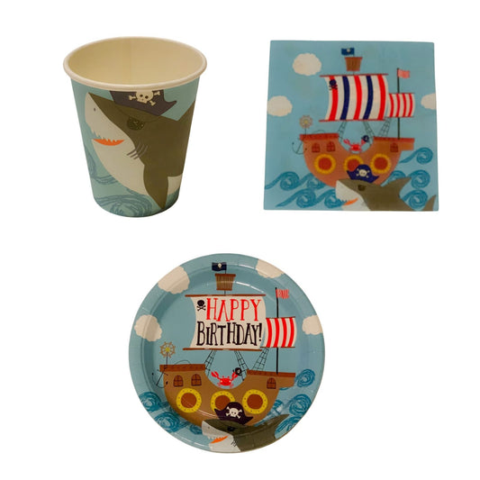 Set Petrecere 44 Piese cu Rechin Pirat - Albastru - Happy Brithday - Nuria Store - 12 Farfurii 23cm, 12 Pahare 250ml, 20 Servetele 33*33cm - nuria.store.ro