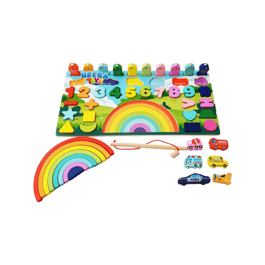 Sortator Aritmetic, Curcubeu din Lemn 5 in 1 tip Montessori  Puzzle - nuria.store.ro