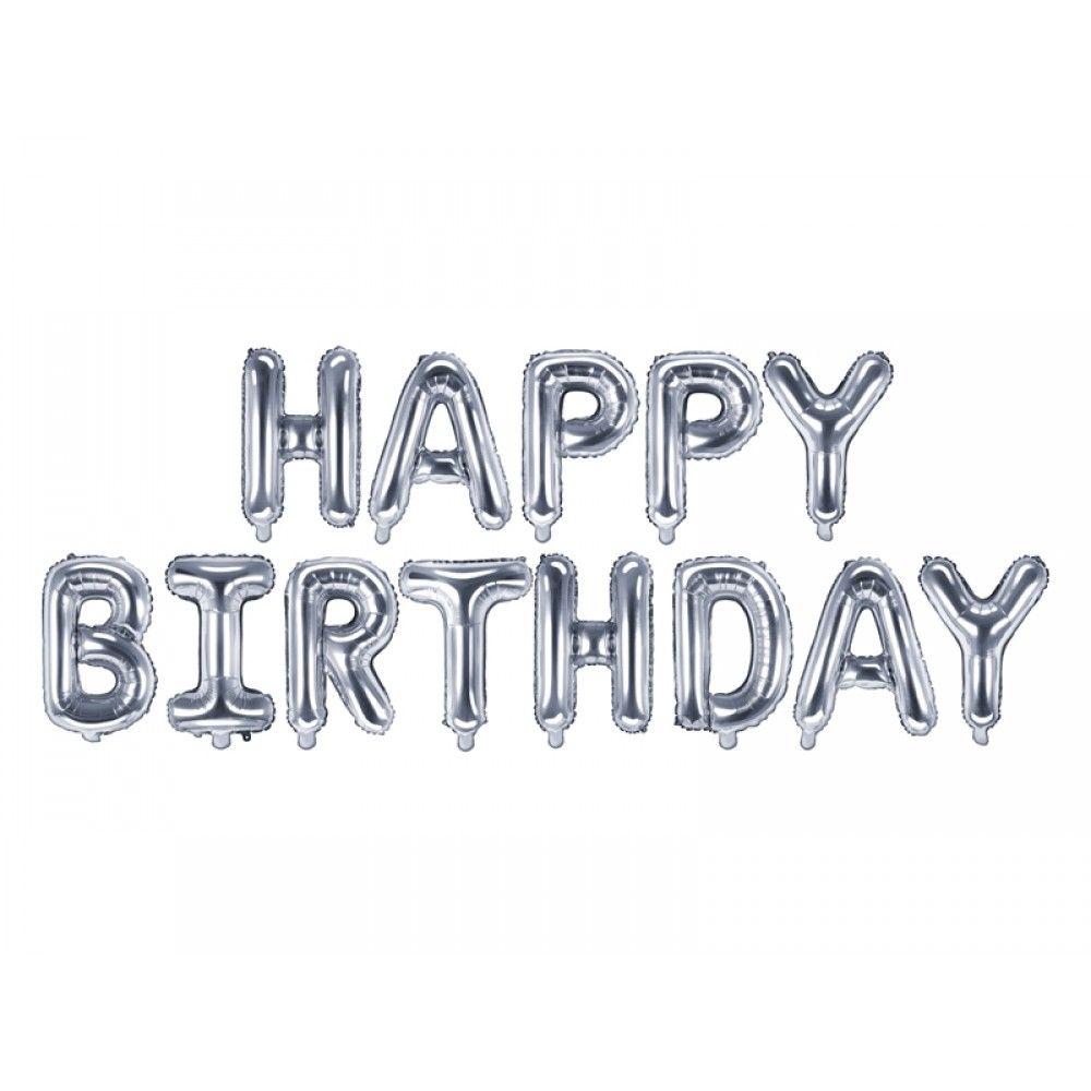 Balon Folie, Set Litere "Happy Birthday", Litere pe Suport, Argintiu - 41 cm - nuria.store.ro