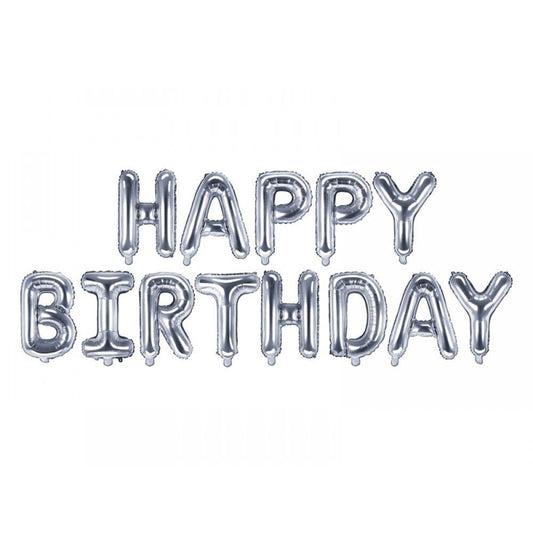 Balon Folie, Set Litere "Happy Birthday", Litere pe Suport, Argintiu - 41 cm - nuria.store.ro