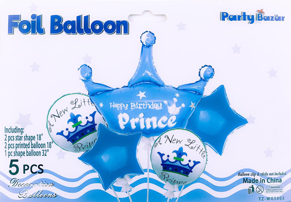 Set 5 Baloane Folie "Happy Birthday Prince", Albastru - nuria.store.ro
