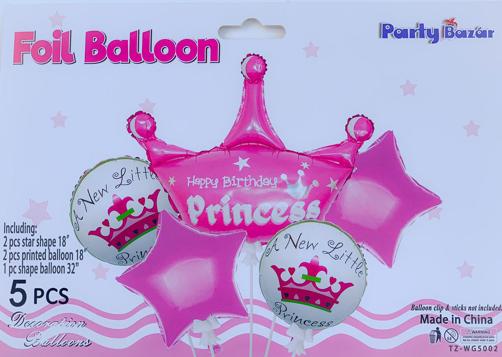 Set 5 Baloane Folie "Happy Birthday Princess", Roz - nuria.store.ro