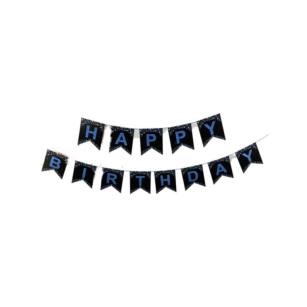 Banner "Happy Birthday" din Carton Negru cu Litere Albastre, dimensiune Stegulet 15x19 cm, Contine 13 Stegulete cu Litere, Rafie -5 m - nuria.store.ro