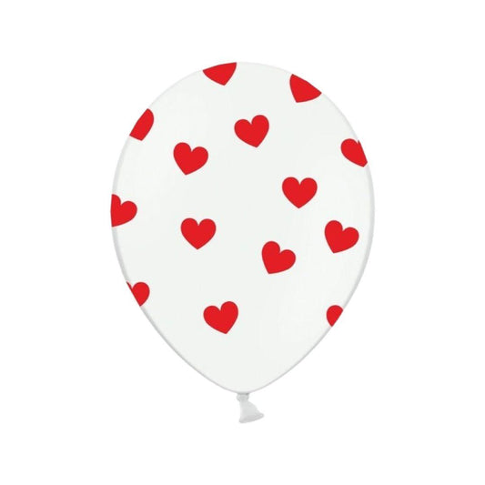 Baloane Latex Alb cu Inimi Rosii - Set 6 buc - 30 cm - nuria.store.ro